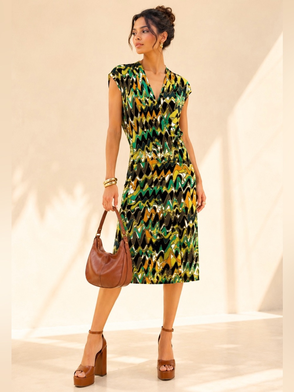 Luisa Cerano Psychedelic Disco Midi Dress Charleston Cut Pockets Green Sz 10